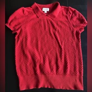Elle Red Textured Short Sleeve Sweater top M Princess sleeve collar Eva Longoria